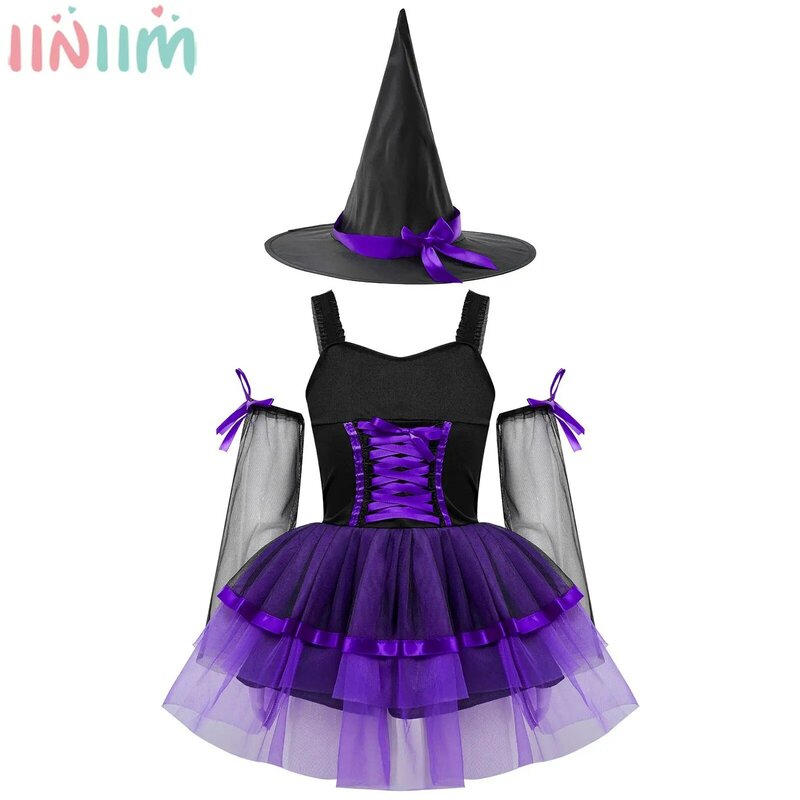 2-5Y Girls Halloween Theme Party Witch Cosplay Dress with Pointed Hat Gloves Masquerade Carnival Sorceress Dress-up Costume