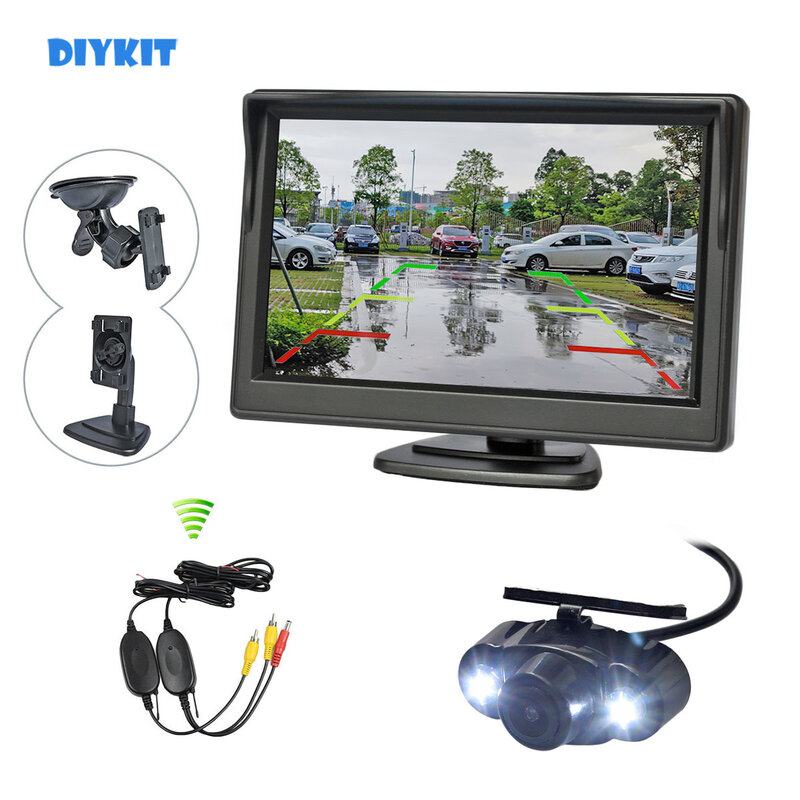 DIYKIT-شاشة رؤية خلفية لاسلكية للسيارة ، شاشة عرض TFT LCD 5 بوصة ، رؤية ليلية LED ، كاميرا سيارة ، نظام أمان لاسلكي لوقوف السيارات
