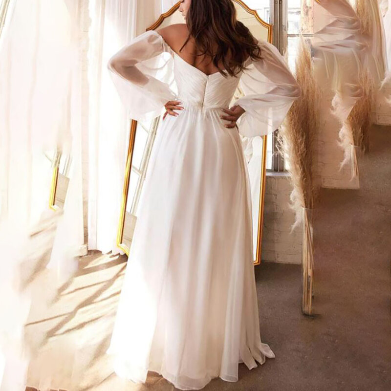 A-line Chiffon Sweetheart Sheer Bishop Sleeves Ruched V-Open Back Zipper Closure Sweep Train Wedding Guest Party Dress