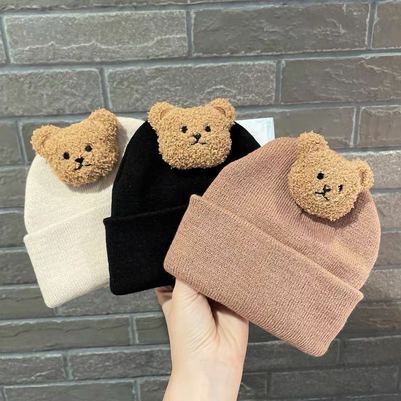 Topi rajut beruang imut, topi bayi Korea, topi musim dingin dan Gugur, topi rajut hangat, topi Beanie, warna Solid, topi Crochet lembut, untuk bayi perempuan dan laki-laki