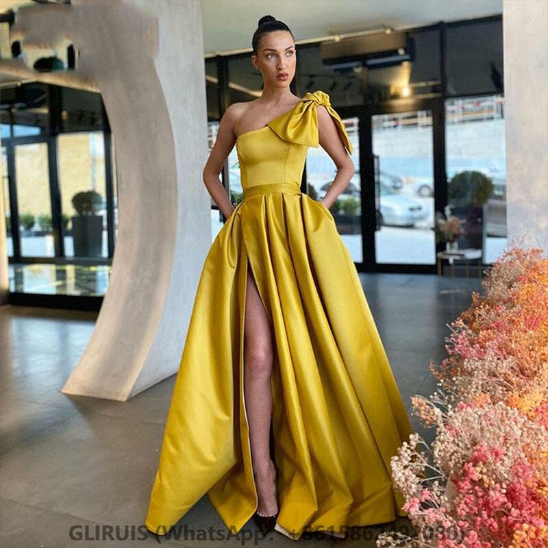 Yellow One-Shoulder Evening Gown High Split Formal Party Dress Satin A-Line Sleeveless Prom Dresses