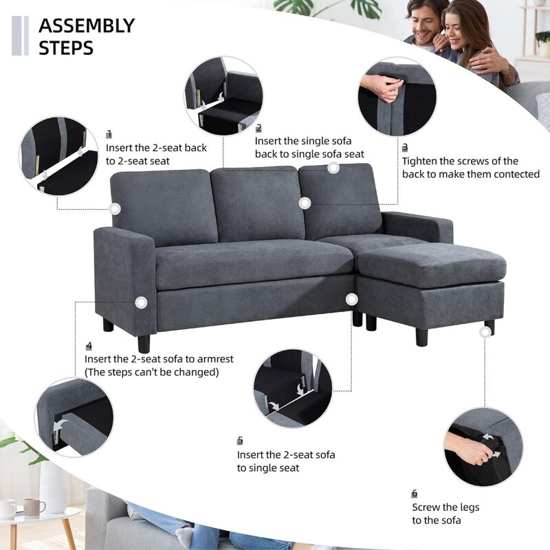 Sofá de 3 lugares com cadeira reversível, tecido de linho moderno, sofá em L