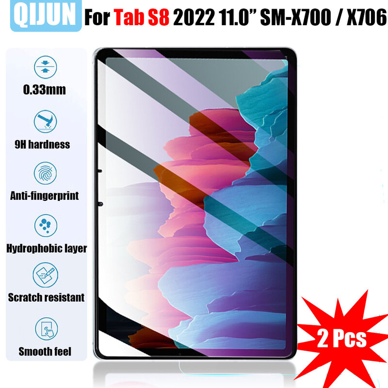 แท็บเล็ตสำหรับ Samsung Galaxy Tab S8 11.0 "2022กระจกนิรภัยฟิล์มแข็งป้องกันรอยขีดข่วน2 Pcs SM-X700 x706