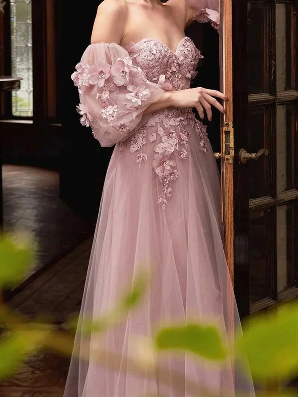 Flower Ball Formal Off the Shoulder Dress with Fluffy Sleeves A-line Tank Top Princess Sparkling Pink Tulle Ball Dress