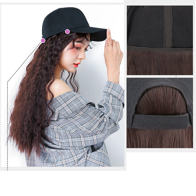 شعر مستعار طويل مجعد من الصوف للنساء ، قبعة بيسبول ، مع شعر ، قبعة برونزية شقراء ، 55 بوصة ، 22 بوصة