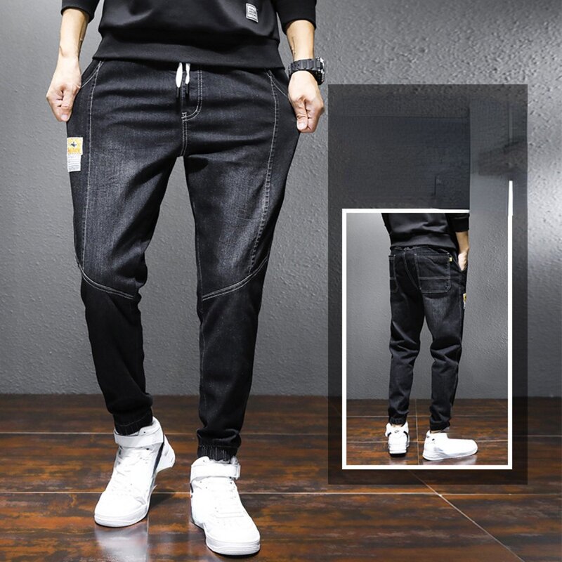 Men's Slim Fitting Small Foot Tie Up Jeans Fashion Brand Streetwear Baggy Jeans Men Korean Fashion Loose Straight Denim Pants