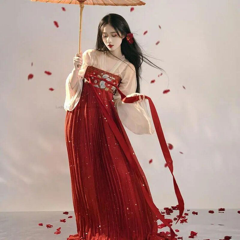 Hanfu Set gaun tradisional gaya Tiongkok, Hanfu bunga wanita bordir indah, Set gaun Cosplay putri kuno peri