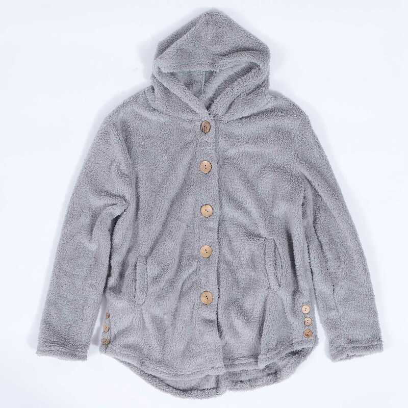 Cárdigan suelto con capucha para mujer, abrigo de gran tamaño, Tops de felpa con botones, chaqueta de invierno, gris, XL