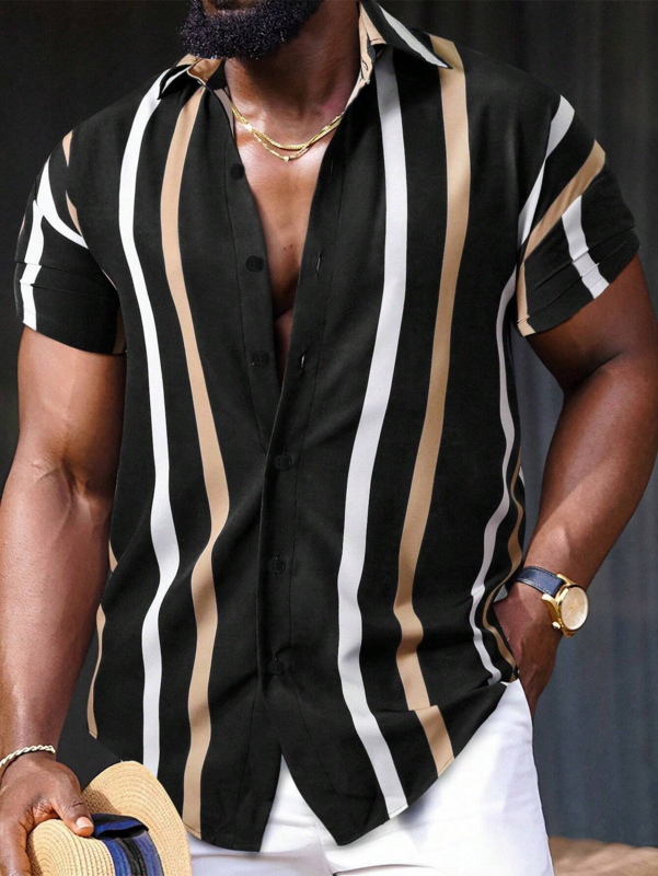 Мужская рубашка в полоску, Повседневная Свободная гавайская рубашка с 3D-принтом, с коротким рукавом, уличная одежда, лето 2024