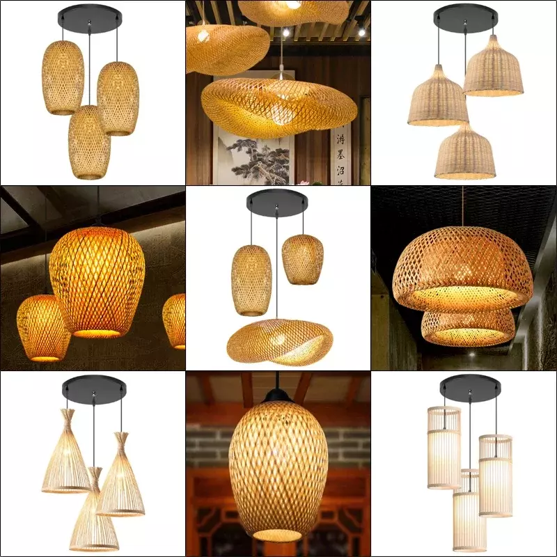 Classic Bamboo Rattan Wicker Chandelier Ceiling Lamp Handmade Knit Pendant Light Hanging LED Lustre Home Bedroom Luminaire Decor