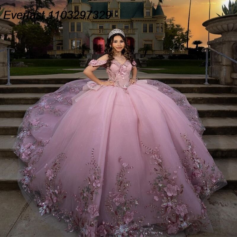 EVLAST Mexico Shiny Pink Quinceanera Dress Ball Gown 3D Floral Applique Beading Crystal Tulle Sweet 15 Vestido De 15 Anos TQD581