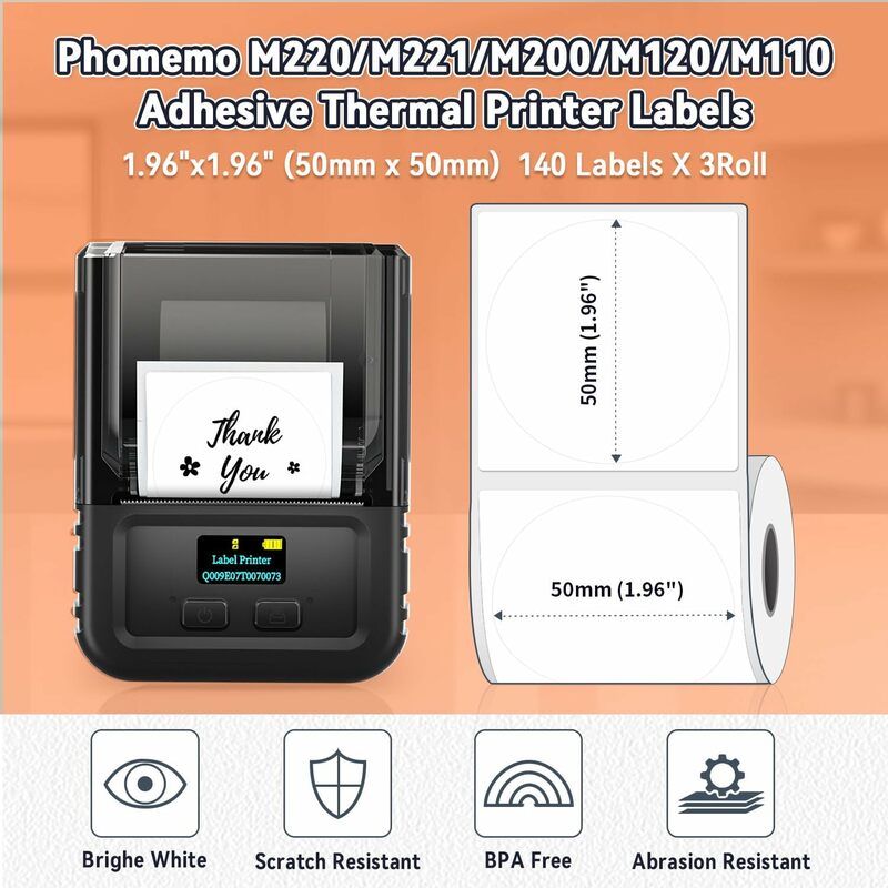 3 Rolls Phomemo Thermal Sticker Label Paper Multi-Purpose Self-Adhesive Tag for M110, M220, M120, M200, M221 Label Maker Machine