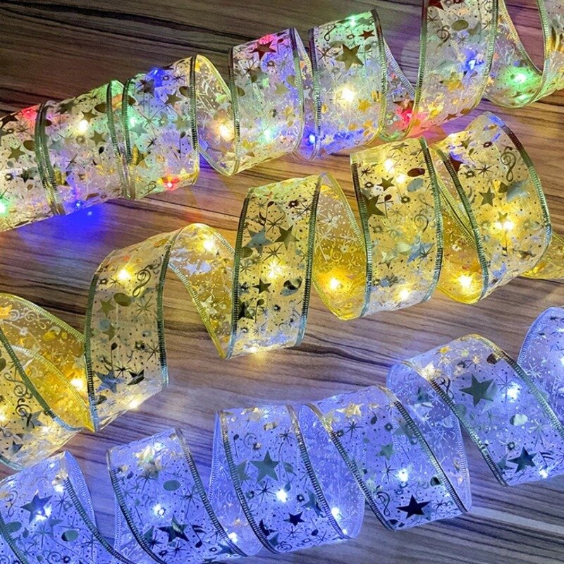 10M Double Layer Fairy Lights Strings Christmas Ribbon Bows with LED Christmas Tree Ornaments New Year Navidad Home Decor