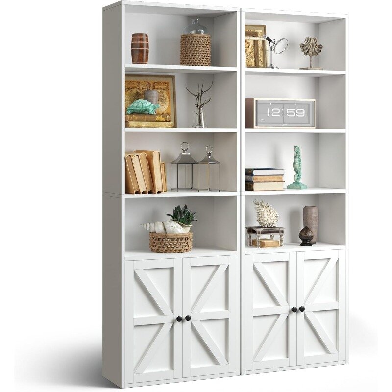 Oneinmil 6-poziomowy regał zestaw 2 sztuk, drewniane półki na książki z drzwiami szafki, półką podłogową i szafkami do przechowywania w biurze
