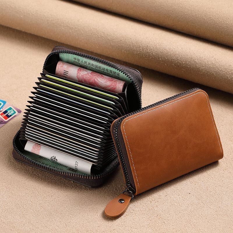 Tarjetero Vintage con múltiples ranuras para hombre y mujer, cartera pequeña de cuero sólido con cremallera para tarjetas de crédito y negocios