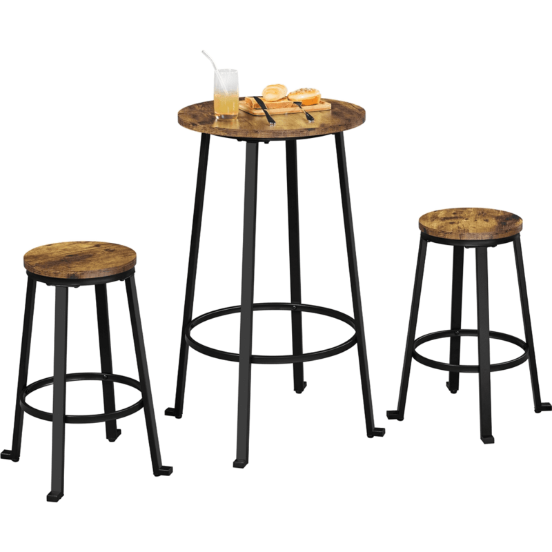 Juego de barra Bistro de madera para cocina, marco de hierro, Mostrador de altura, mesa de comedor con 2 taburetes, Marrón rústico, 3 piezas