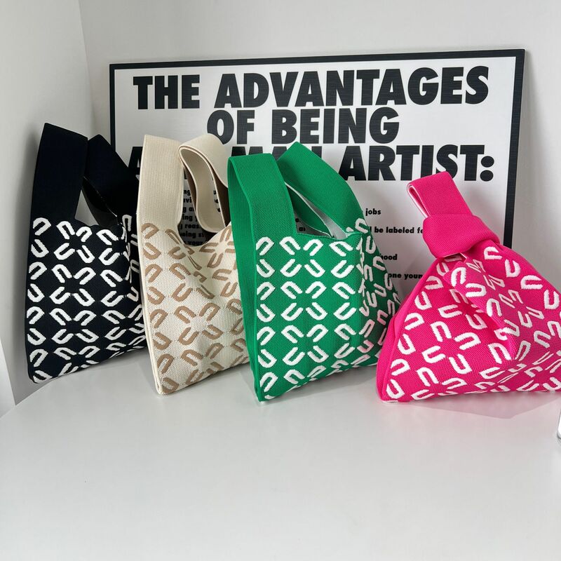 手織りの女性用ニットハンドバッグ,再利用可能なショッピングバッグ,手首付きトートバッグ,新品