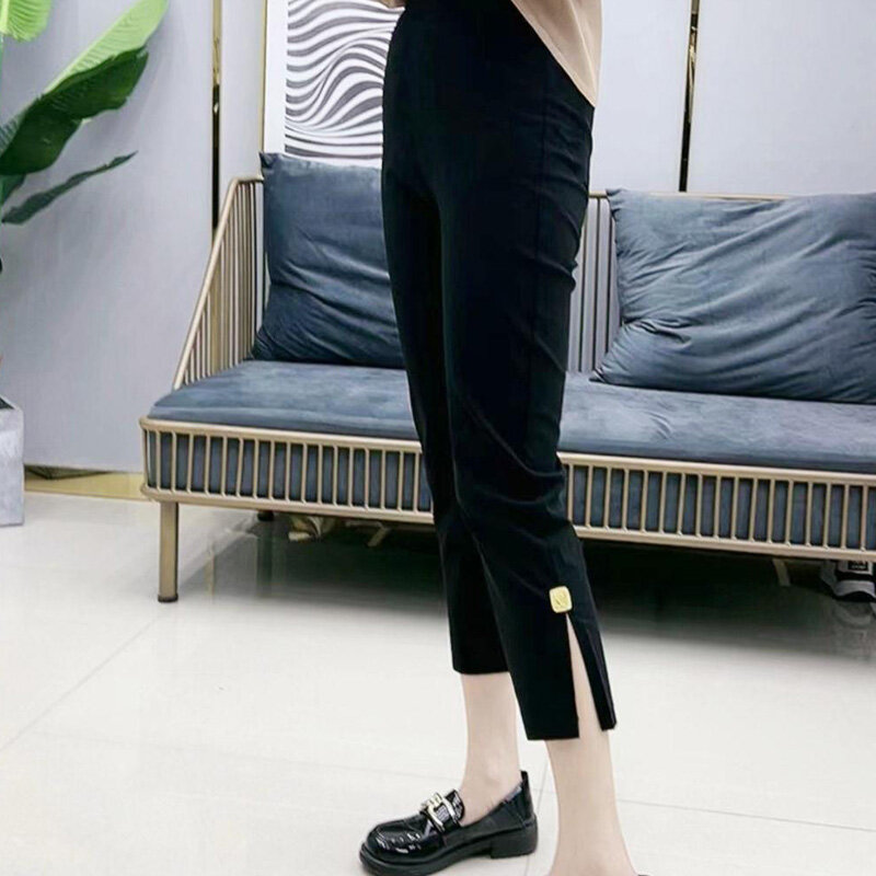 FJSummer-Pantalon droit taille haute élastique pour femme, pantalon longueur mollet, vêtements d'affaires décontractés, noir, solide, mode