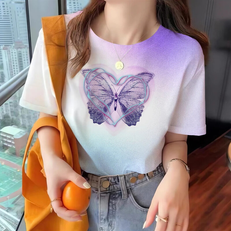 Женская модная футболка, летняя одежда с круглым вырезом, свободная повседневная элегантная женская футболка с принтом бабочки и коротким рукавом