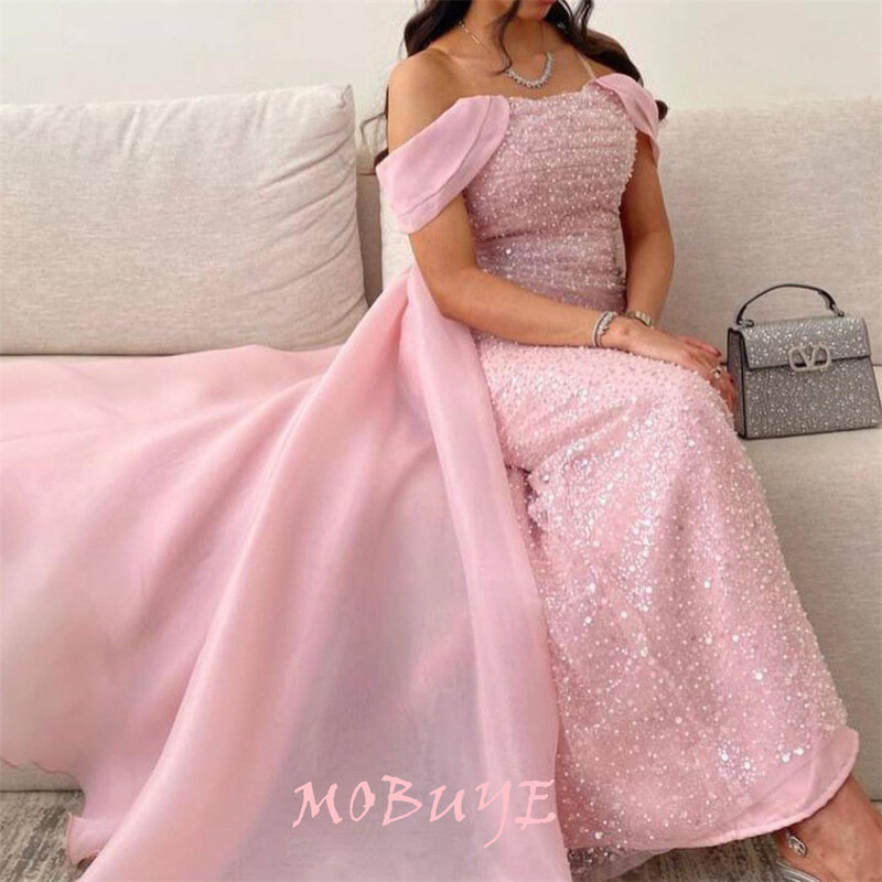 Женское вечернее платье до пола MOBUYE, элегантное платье с открытыми плечами и короткими рукавами для выпускного вечера, 2024