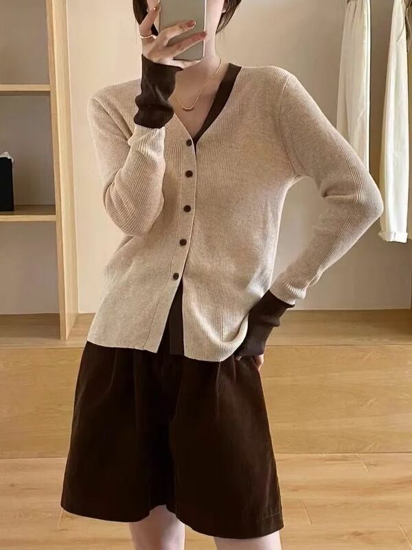 Autumn Knit Cardigan Girls Patchwork Long Sleeve Sweater Shirts Woman Contrast Color Knitted Tops