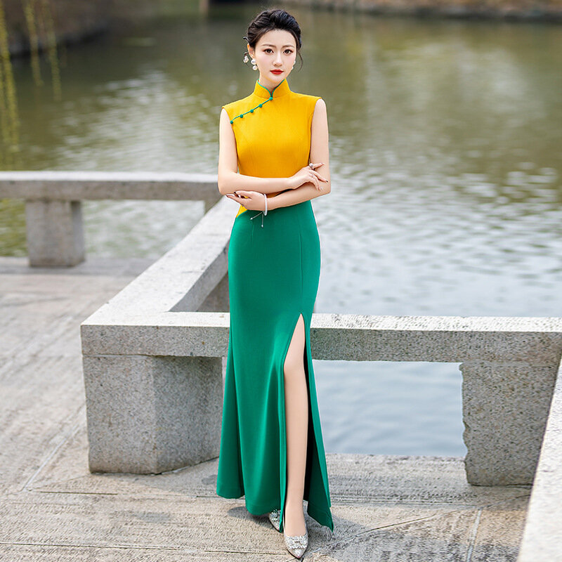 Элегантное китайское длинное вечернее платье-Ципао, вечернее платье для женщин, большие размеры 4XL 5XL, пикантное женское платье для выступлений, Ципао