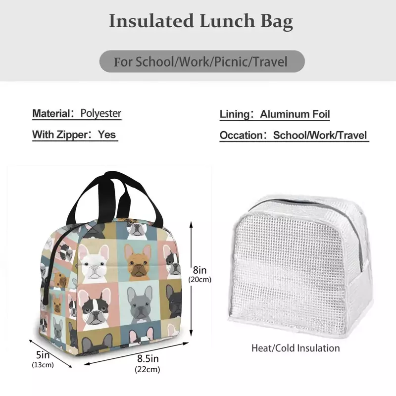 Bolsa de almuerzo con estampado de Bulldog Francés para mujer, bolsa de almuerzo térmica de lona con aislamiento portátil, bolsa de Picnic para niños y mujeres