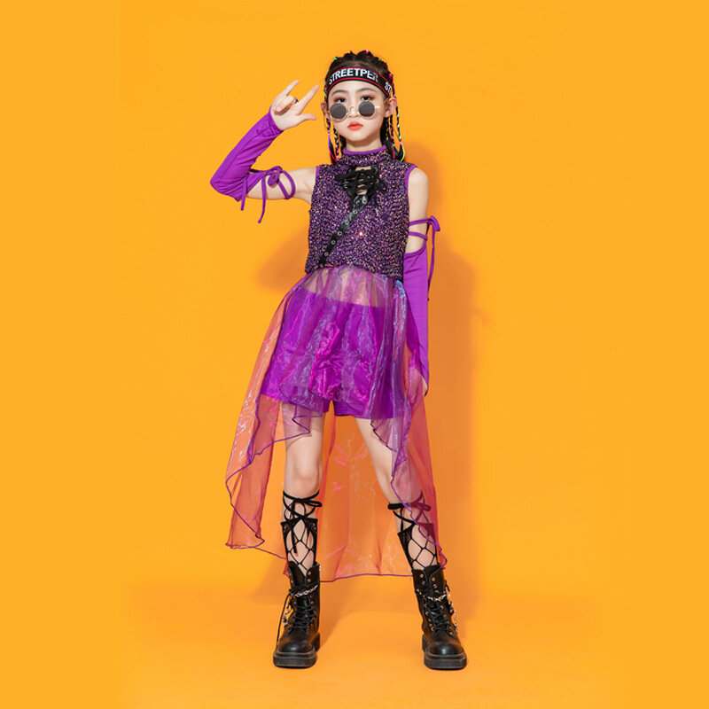 Catwalk Dancer Fashionable Jazz Hip Hop Street Purple Suit Dance Wear Costume Stage Performance Suit for Girls