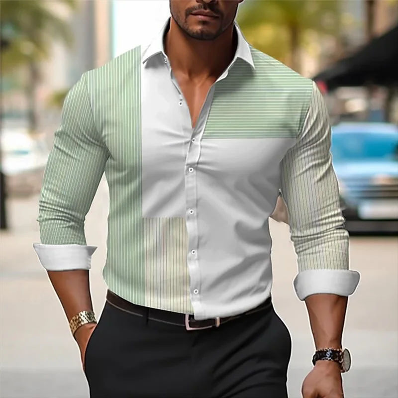 Рубашка с полосатым принтом для мужчин, Повседневная дышащая рубашка с отворотом, длинными рукавами и пуговицами, удобная мягкая ткань