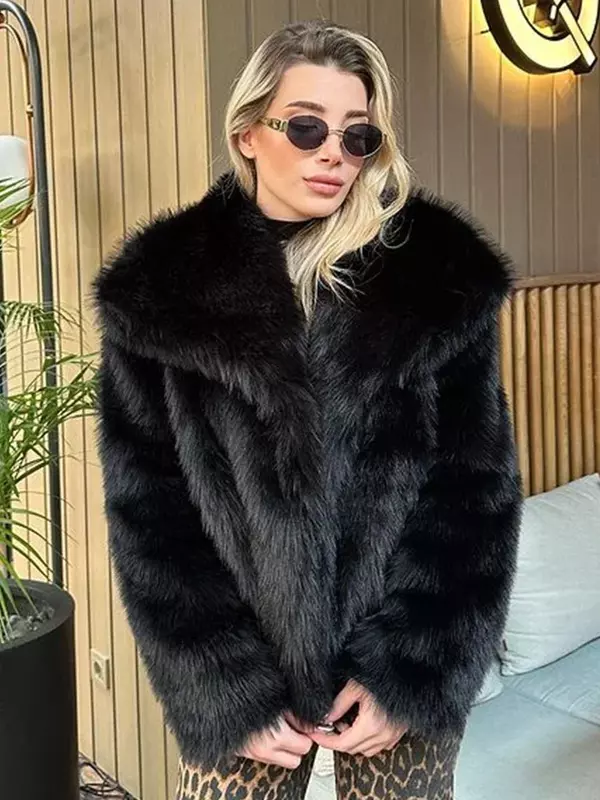 Fashion Lapel Faux Fur Jacket For Women 2024 New Fluffy Long Sleeve Furry Coat Female Luxury Elegant Lady High Street Outerwear