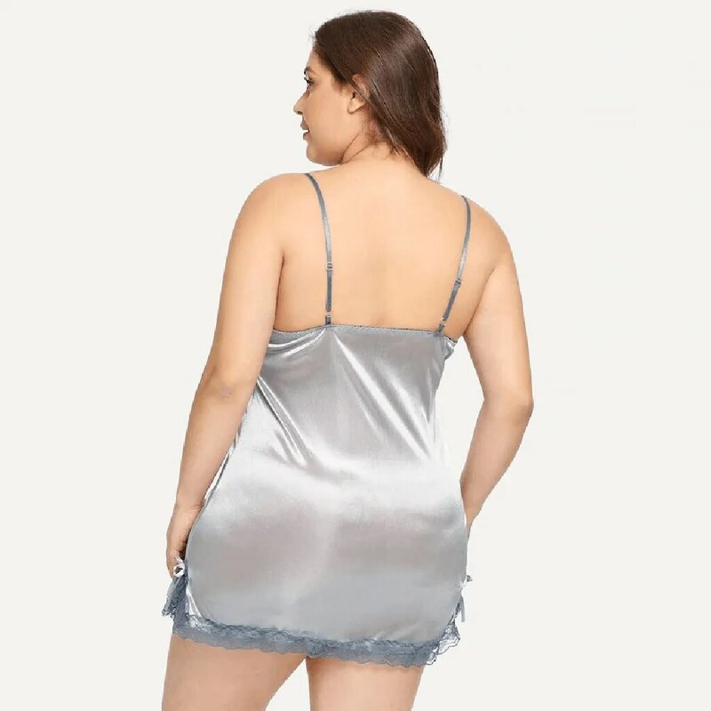Camisón de seda de hielo para mujer, ropa de dormir Sexy de talla grande, con tirantes sólidos, cuello en V, encaje, cómodo