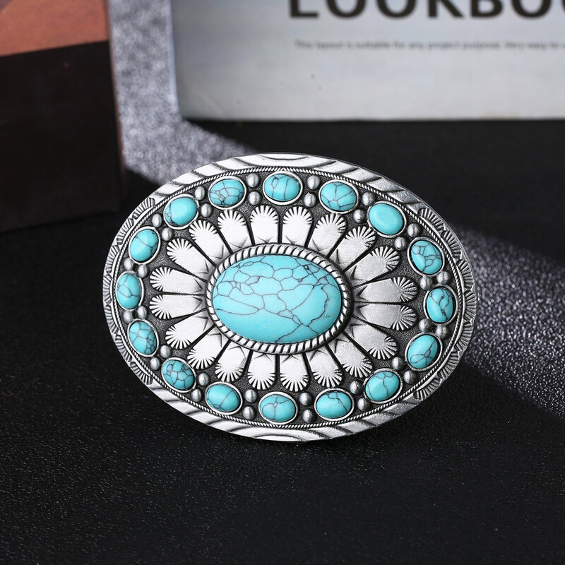 Western Denim Natural Turquoise Charm Belt Buckle Zinc Alloy For Men And Women Birthday Gift