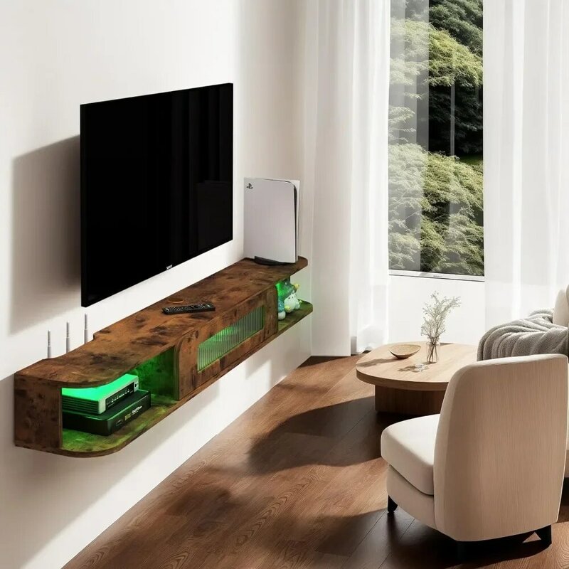 TV Stand com luzes LED, parede TV armário, porta de vidro, 2 armários, 67 "paredes montadas