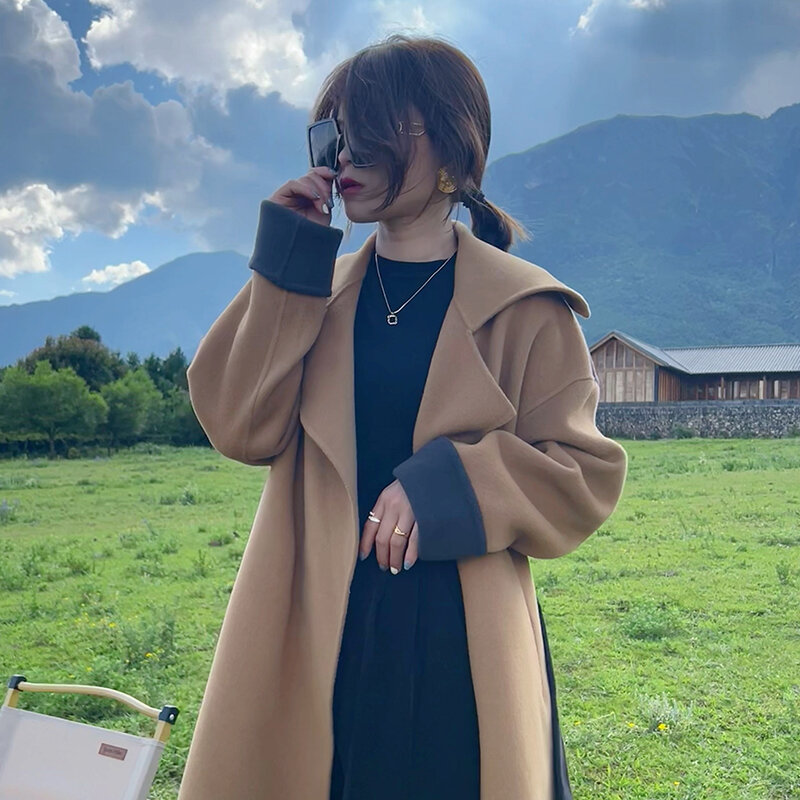 Женское шерстяное пальто, высококачественное контрастное двустороннее кашемировое пальто средней длины в стиле Хепберн, новое шерстяное пальто на осень и зиму