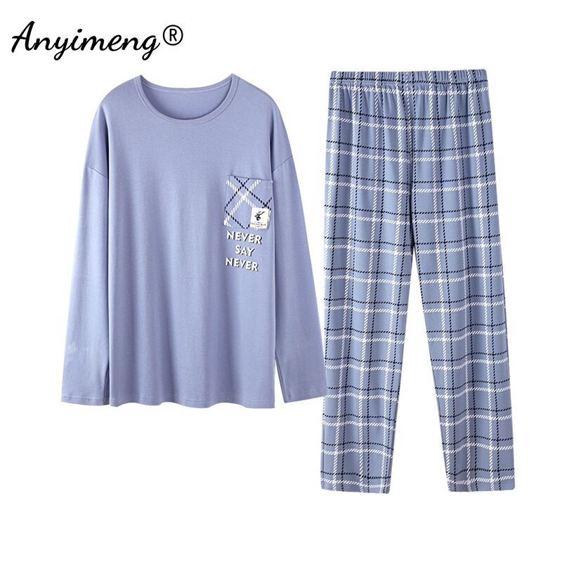 Lente Herfst Nieuwe Katoenen Lange Mouw Nachtkleding Voor Heren Grote Maat Trui Homewear L-4XL Man Pyjama Set Minimalistische Jongens Loungewear