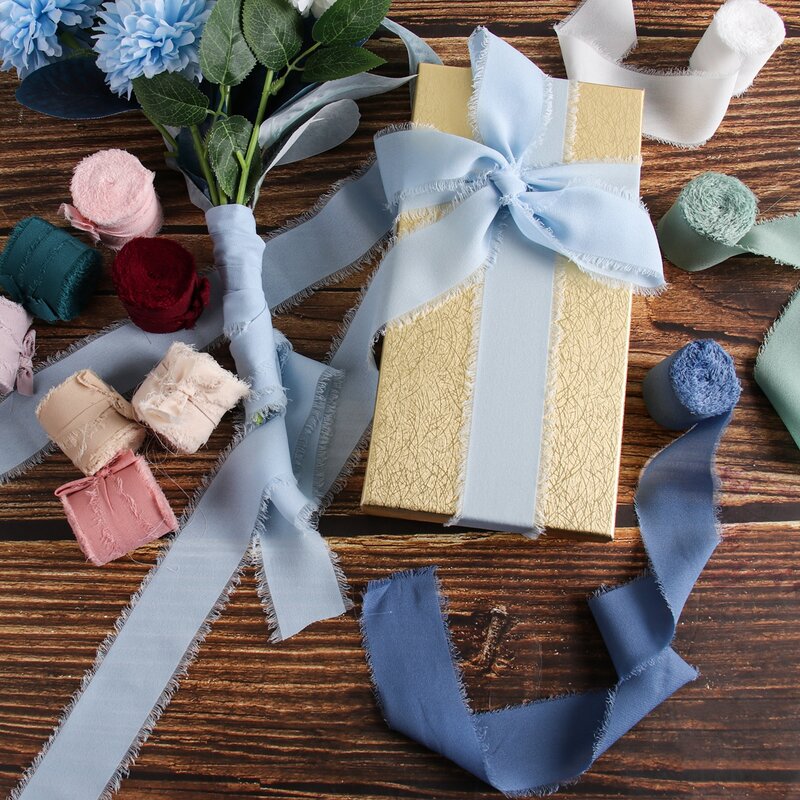 Handmade Desgastado Edged Satin Chiffon Silk Ribbon, Convite De Casamento, Embrulho Buquês, Decorações De Festa De Aniversário, Presentes, 4cm x 5m