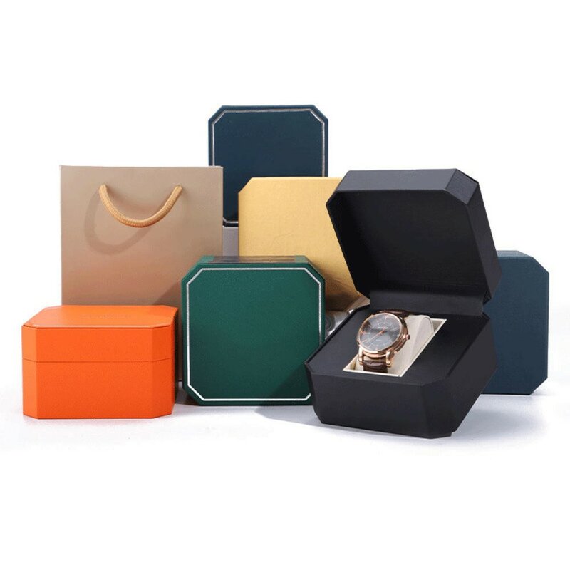 Top Grade Pu Leather Flip Watch Box Octagonal Watch Display Case With Pillow Exquisite Holiday Gift Packaging Organizer
