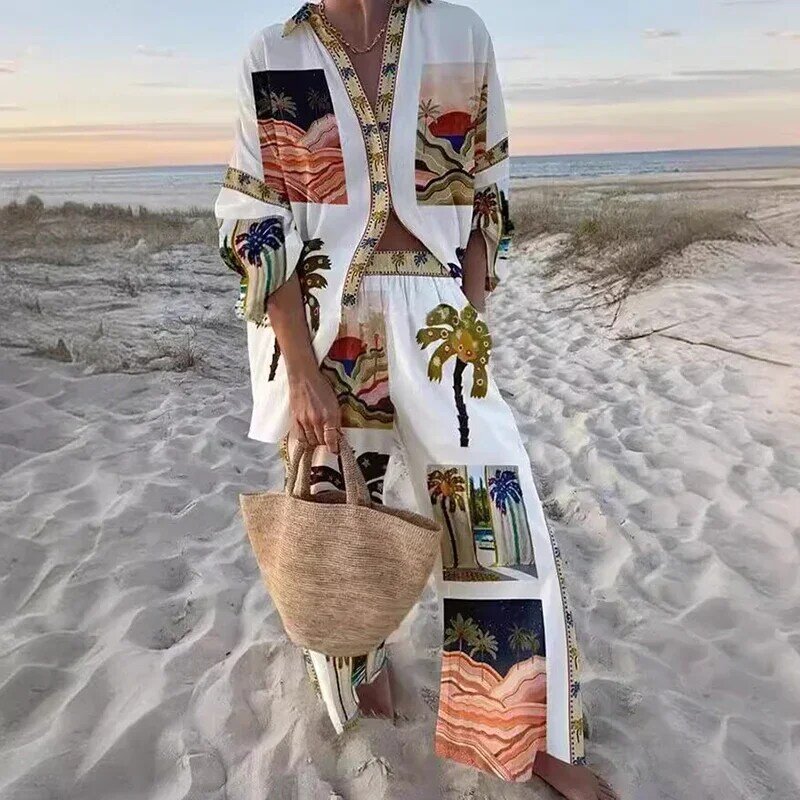 Женский Повседневный костюм из 2 предметов, рубашка с воротником на пуговицах и прямые свободные брюки с длинным рукавом и цифровым 3D-принтом в стиле ретро, весна