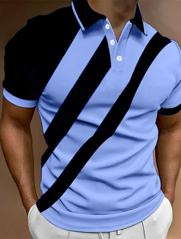 Camisa polo de golfe casual masculina, manga curta, botão básico de bloco colorido, ajuste regular, camisa trabalho lapela, primavera e verão