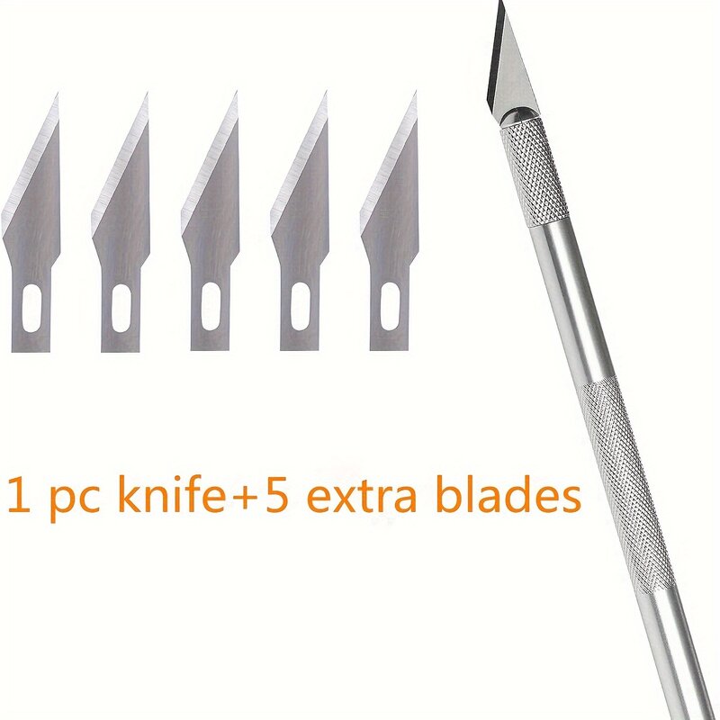 1 buah pisau hobi kerajinan pisau Exacto dengan 5 buah Kit pisau baja tahan karat dengan topi keselamatan, Set pisau hobi-Set pisau presisi