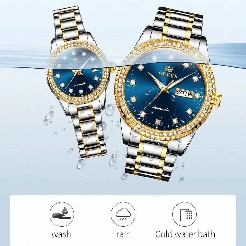 OLEVS 7003 탑 골드 완전 자동 기계식 시계, 패션 브랜드 다이아몬드 스테인레스 스틸 방수 시계, 남녀공용