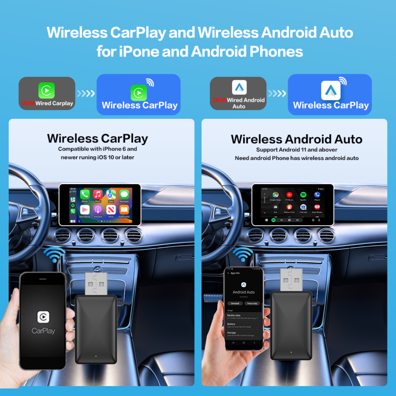 Adaptateur Carplay sans fil Android Auto Smart Dongle, Volvo Haval, Ford, Honda, Benz, Hyundai, Porsche, Jeep, KIA, GMC, MG, VW
