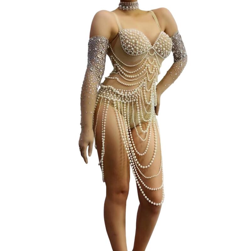 Seksowna luksusowa scena mody przejrzeć perły body z rękawiczkami czarna dziewczyna bal sesja zdjęciowa sukienka 2024 Saiban