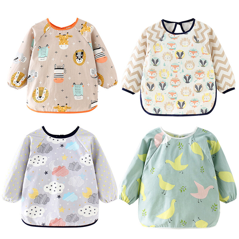 Cute Cartoon Baby Accessories Bibs Waterproof Colorful Infant Bib Full Long Sleeve Gown Children Apron Coverall Feeding Drawing