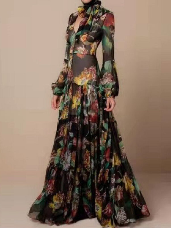 Vestido feminino com estampa floral de lanterna manga comprida, vestido feminino de chiffon casual, decote em v, balanço grande, elegante, primavera, outono, novo