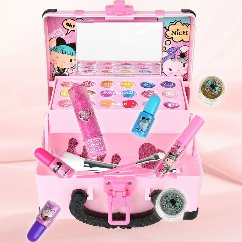 Caja de maquillaje para niñas, juego de maquillaje de princesa, lápiz labial, sombra de ojos, Kit de juguetes no tóxicos de seguridad