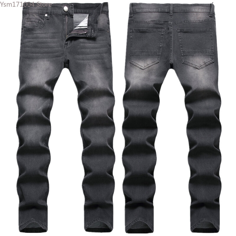 بنطال جينز مطاطي أحادي اللون للرجال ، سروال ضيق مناسب ، ملابس الشارع الكورية ، ملابس رجالية ، أسود ، موضة الخريف ، للرجال