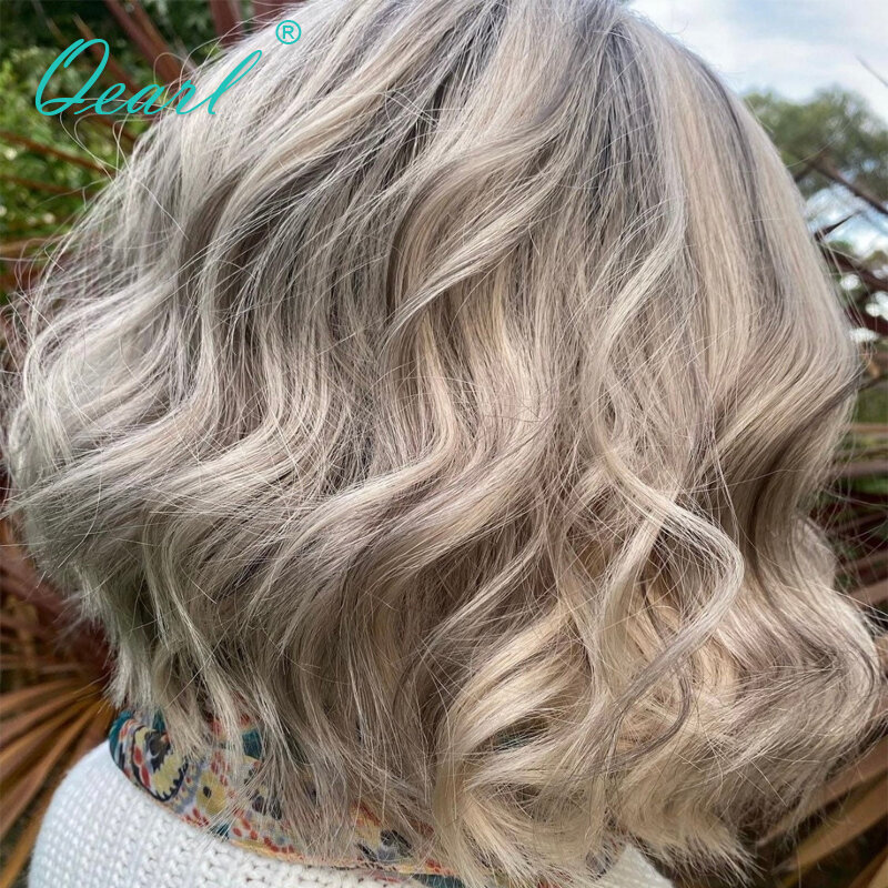 Perruque Lace Front Wig Remy naturelle, cheveux courts et moyens 13x4, reflets gris clair, blond cendré Transparent HD, Loose Wave, 150%