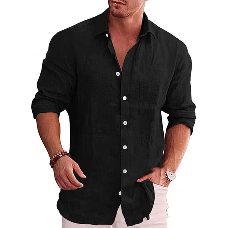 Camiseta masculina de manga comprida de linho de algodão, blusa folgada sólida diária, tops respiráveis de botão, camisa de conforto, M-2XL
