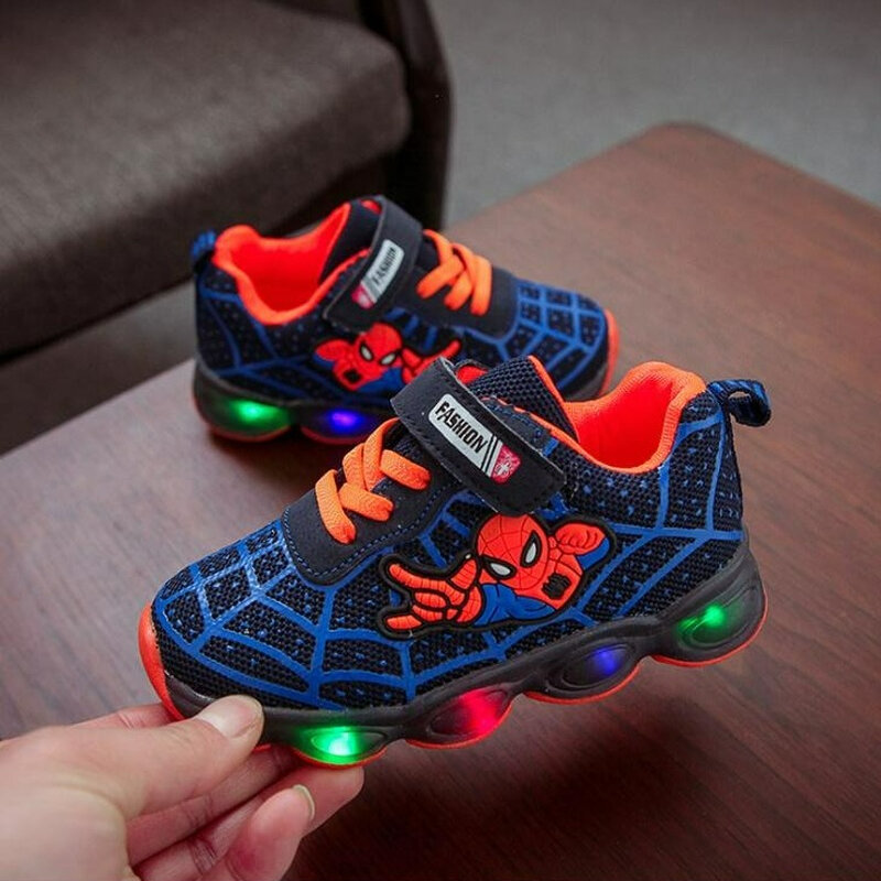 Disney Spiderman Glowing Sneakers para meninos e meninas, Anime Fashion Kids Shoes, LED Light Up Respirável Sports Running Shoes, 2022